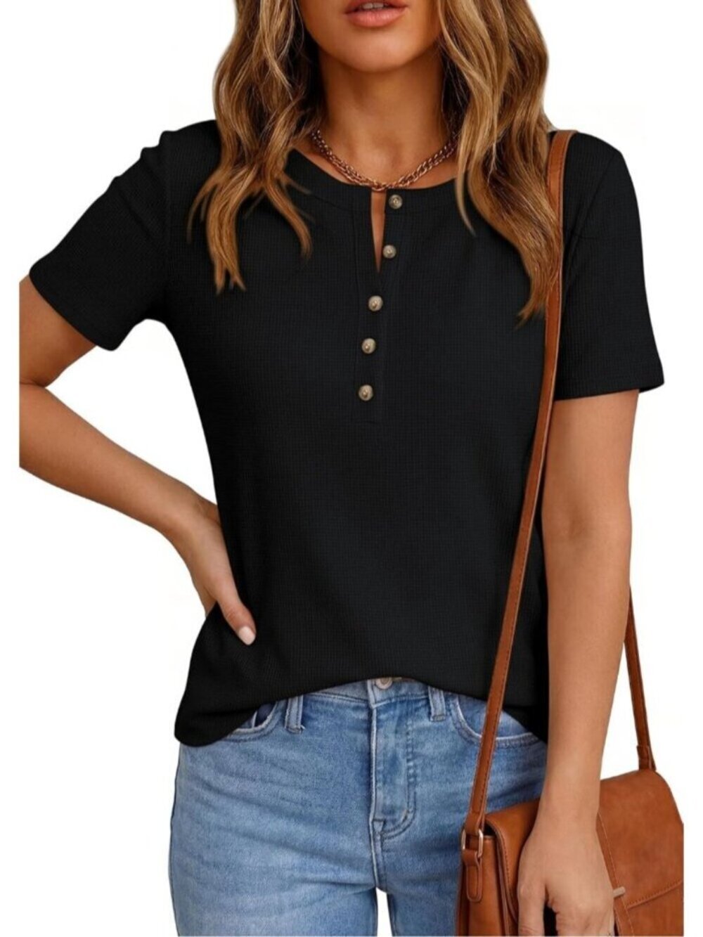 〽️Women's Black Short Sleeve Henley Shirts Summer Blouses Dressy Casual